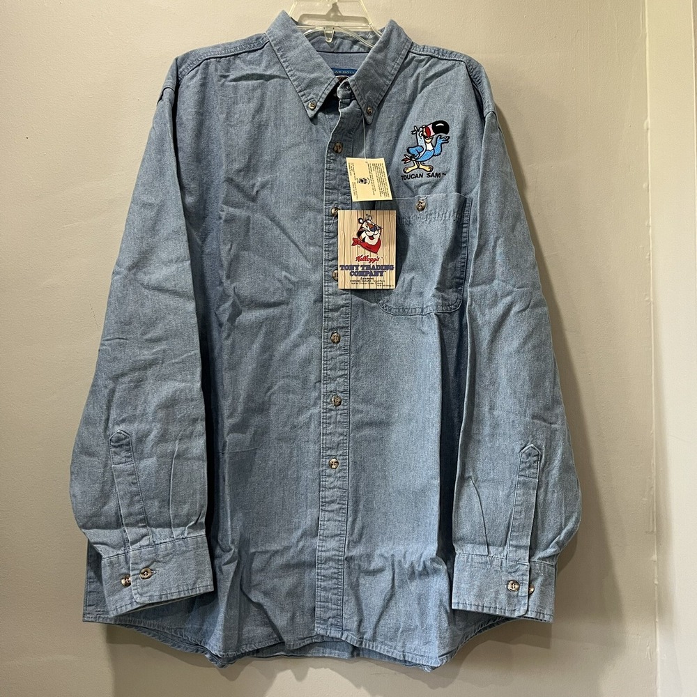 Vintage Kellogg's Toucan Sam Froot Loops blue‎ button up XL 1993